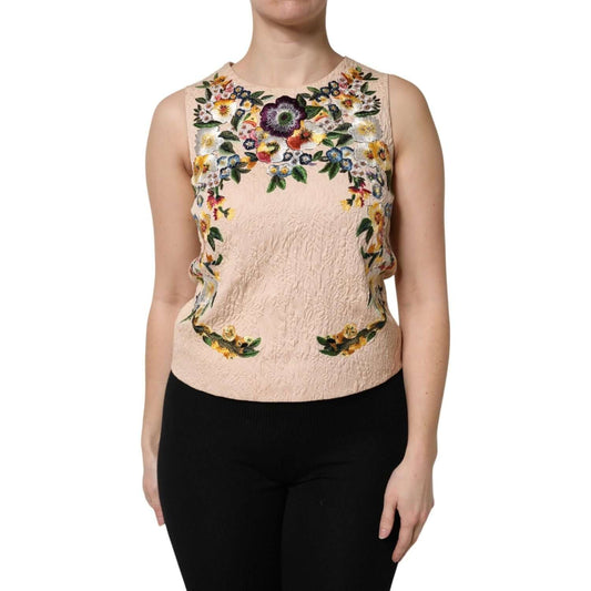 Dolce & Gabbana beige sleeveless tank top with floral embroidery, made of cotton and nylon, featuring a zipper closure and logo details.