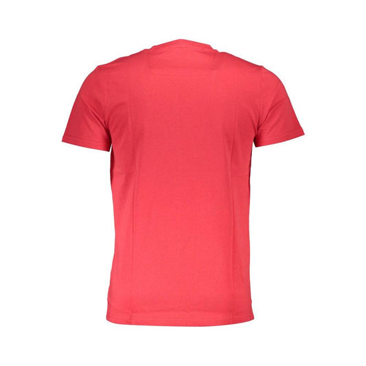 Back view of Cavalli Class red cotton t-shirt featuring short sleeves and round neck design.