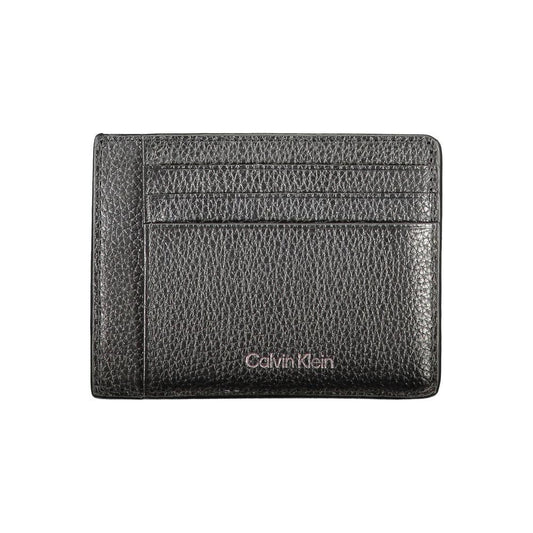 Calvin Klein black leather wallet with logo, two compartments, coin purse, and card slots showcasing sleek and elegant design.