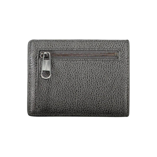 Calvin Klein black leather wallet with zip pocket, 2 compartments, coin purse, card slots, and logo design.
