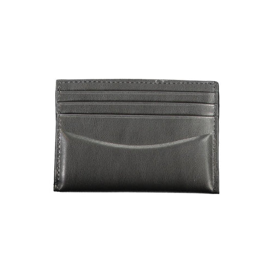 Calvin Klein black leather wallet with card holder, double card spaces, central pocket, contrast details, and logo shown.