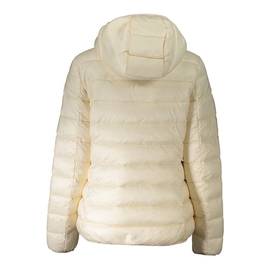 Back view of Norway 1963 beige polyamide women's jacket with hood, showcasing Scandinavian elegance and practicality.