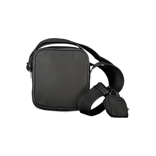 Calvin Klein black polyester shoulder bag with adjustable strap, internal pocket, zip closure, and removable coin purse.