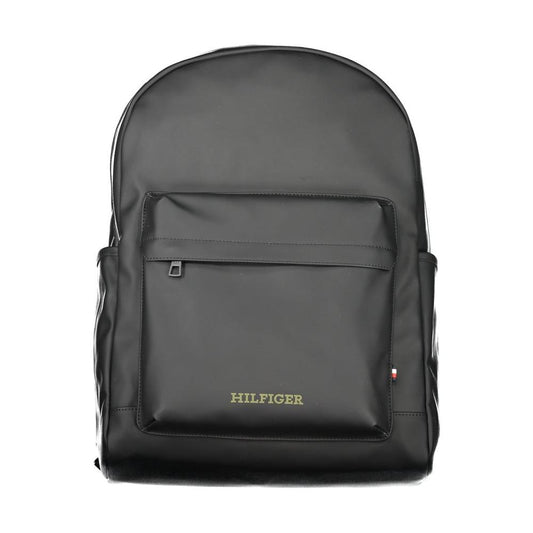Tommy Hilfiger black polyester backpack with multiple pockets and zip closure, featuring logo print and adjustable straps, eco-friendly material.