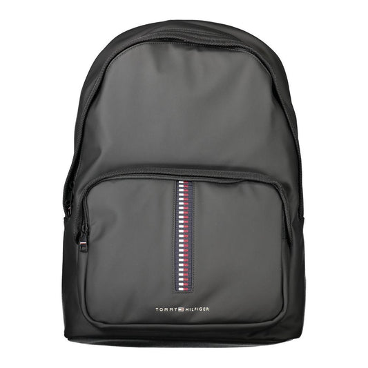 Tommy Hilfiger black polyethylene men’s backpack with logo and laptop compartment, sleek design for modern trendsetters.