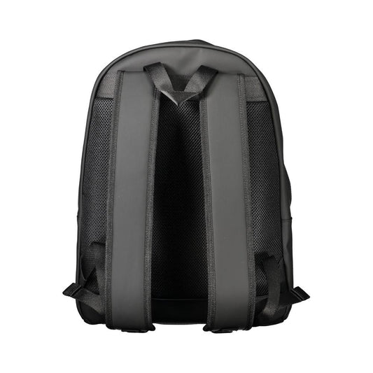Back view of Tommy Hilfiger black backpack showcasing adjustable straps, ideal for men. Made from sleek polyethylene material.