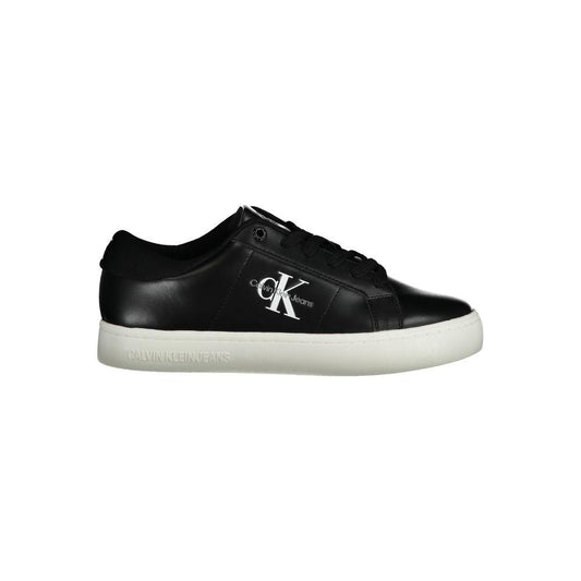 Calvin Klein black women's sneaker with logo, polyethylene upper, lace-up design, white sole, modern urban footwear.