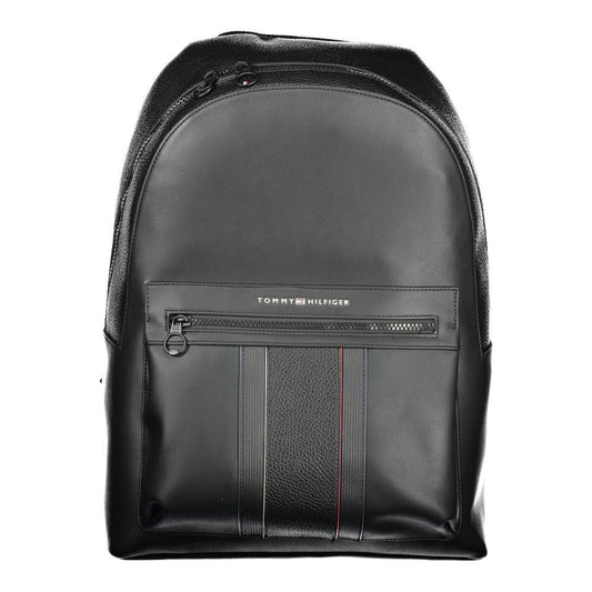 Tommy Hilfiger black polyester men's backpack with adjustable straps, external pocket, and laptop compartment for stylish utility.