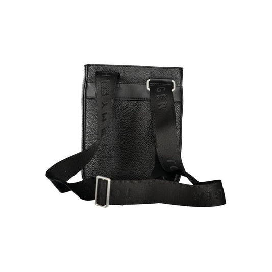 Tommy Hilfiger black polyethylene men's shoulder bag with adjustable strap and bold logo design.