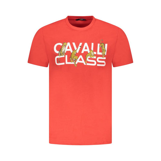 Cavalli Class red cotton men's T-shirt with bold logo and print, short-sleeved crew neck for stylish comfort.