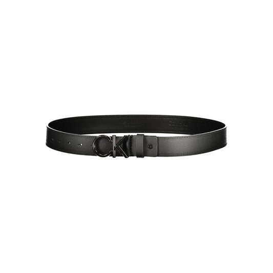 Calvin Klein black leather men’s belt with metal buckle and logo, stylish accessory for casual and formal wear.