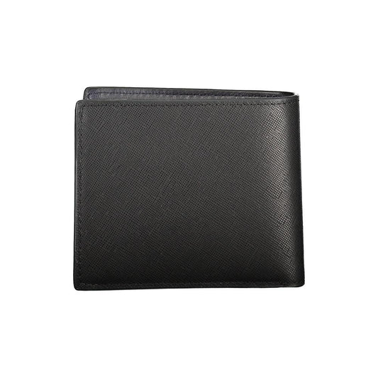 Tommy Hilfiger black leather wallet with two compartments, coin purse, card slots, contrast details, and logo.