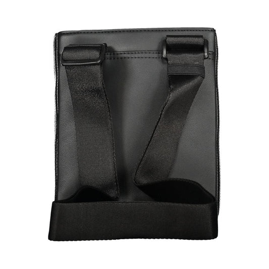 Back view of Tommy Hilfiger black polyethylene men's shoulder bag with adjustable straps.