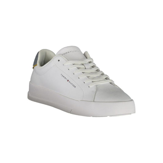 Tommy Hilfiger white leather men’s sneaker with grey accents and iconic logo, offering sporty elegance and custom comfort.