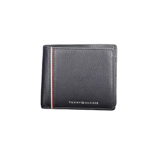 Tommy Hilfiger blue leather men's wallet with logo, featuring card slots, cash compartments, and coin purse for stylish organization.