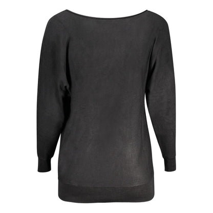Back view of Guess Jeans Black Viscose Sweater with long sleeves and wide neckline, featuring embroidery and logo design.