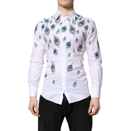 Dolce & Gabbana White Cotton Feather Print GOLD Dress Shirt TSH90445-38