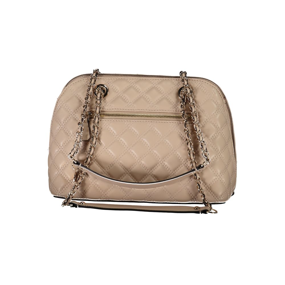 Guess Jeans Beige Polyethylene Handbag with chain shoulder handles, protective feet, zip closure, and logo detailing.