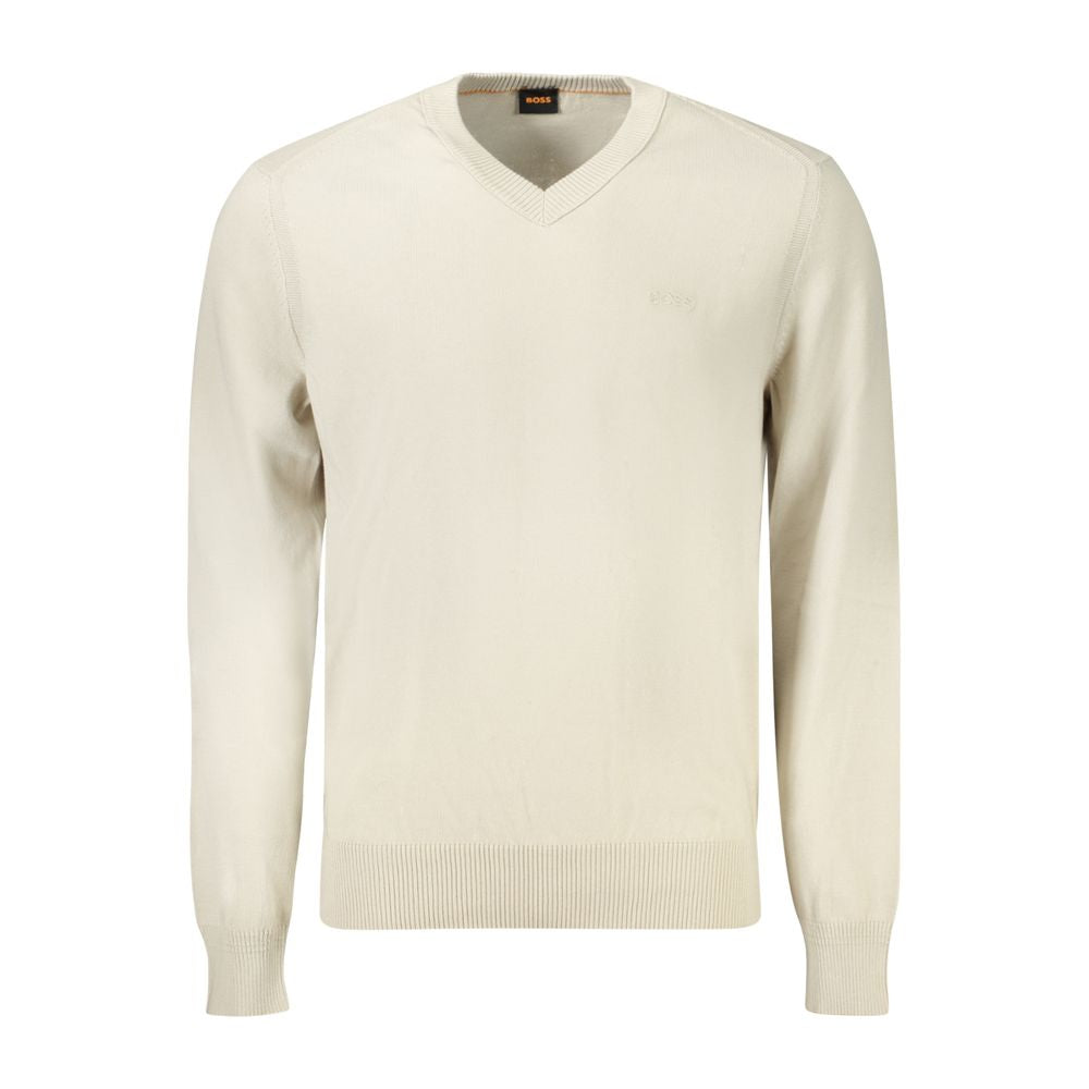 Hugo Boss Beige Cotton Men Sweater with V-neck and logo embroidery, long sleeves, sophisticated style for modern men, chic minimalism.