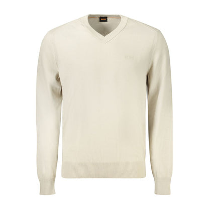 Hugo Boss Beige Cotton Men Sweater with V-neck and logo embroidery, long sleeves, sophisticated style for modern men, chic minimalism.