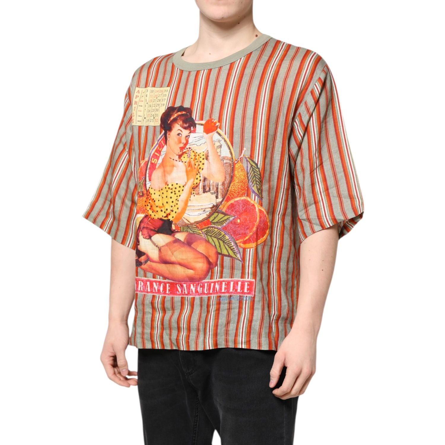 Dolce & Gabbana Multicolor Striped Graphic Linen Round Neck T-shirt