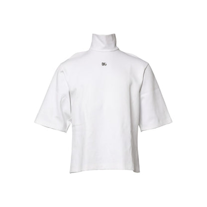 Dolce & Gabbana White Cotton Turtleneck DG Applique T-shirt