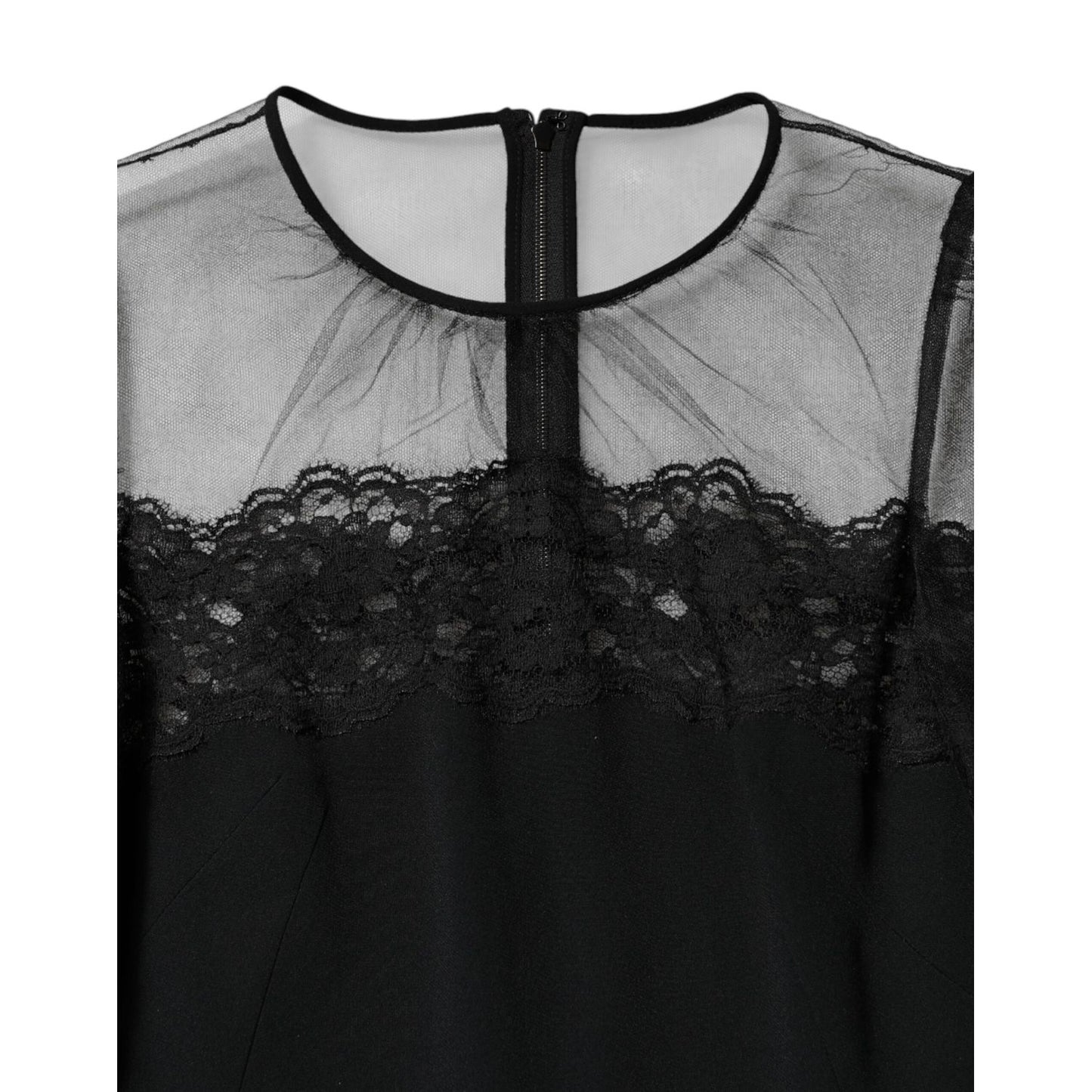 Dolce & Gabbana Black Lace Trim Nylon Tulle Sheath Midi Dress