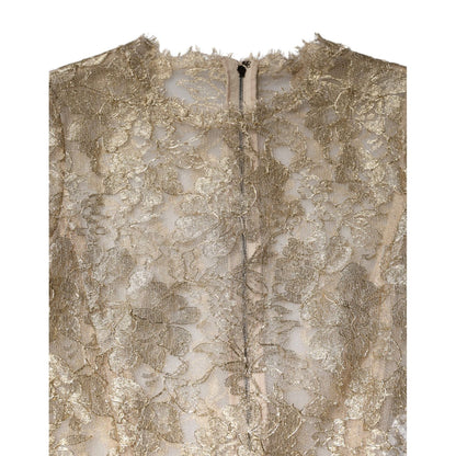 Dolce & Gabbana Gold Floral Lace Long Sleeves Fit & Flare Dress