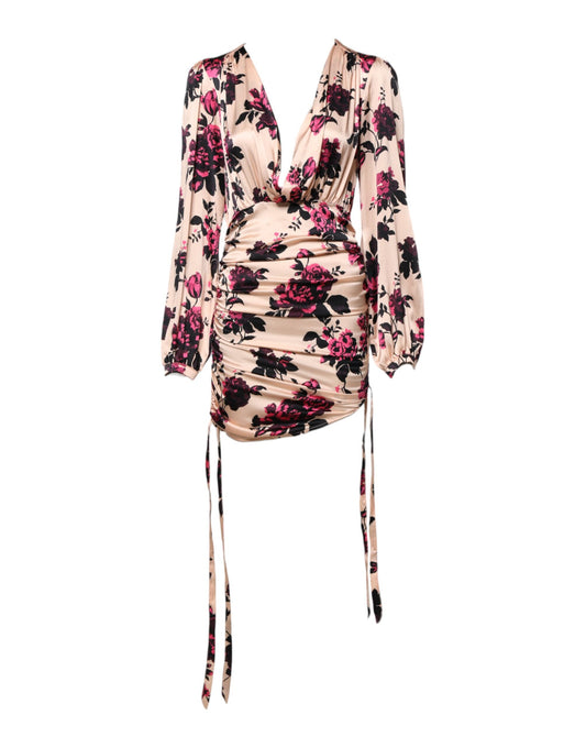 Laneus Pink Floral Silk Long Sleeves V-neck Ruched Mini Dress DR281408-42