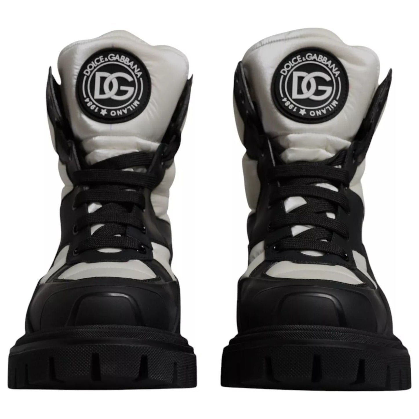 Dolce & Gabbana Black White Padded Mid Calf Lace Up Boots Shoes