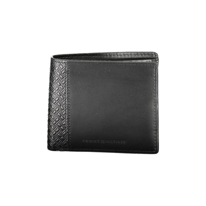 Tommy Hilfiger Black Leather Men Wallet with textured detail, featuring multiple compartments and iconic logo.