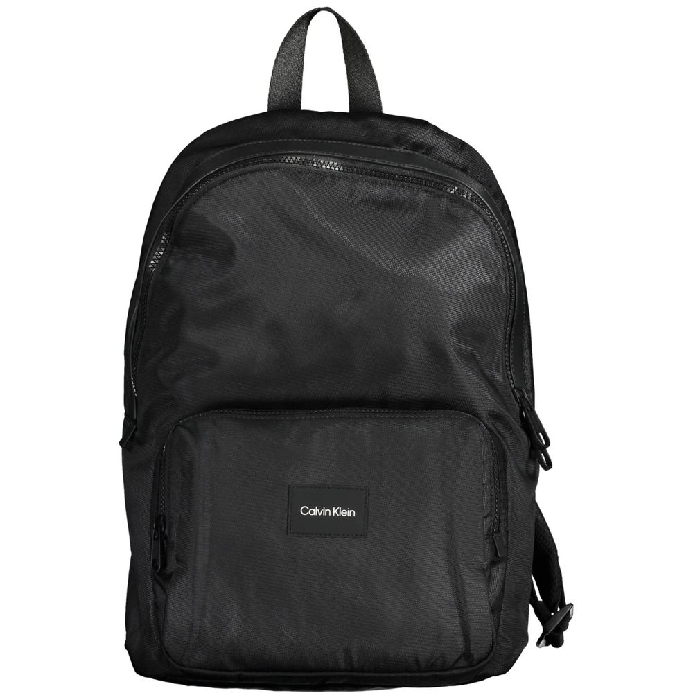 Calvin Klein Black Polyester Men Backpack with adjustable straps and bold logo, crafted from recycled materials for style and eco-friendliness.