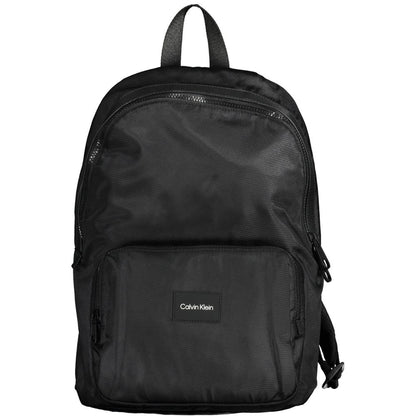 Calvin Klein Black Polyester Men Backpack with adjustable straps and bold logo, crafted from recycled materials for style and eco-friendliness.