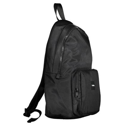 Calvin Klein Black Polyester Men Backpack with bold logo and eco-friendly design, perfect for urban trendsetters.