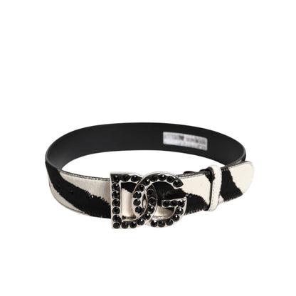 Dolce & Gabbana White Black Leather Zebra DG Crystal Buckle Belt