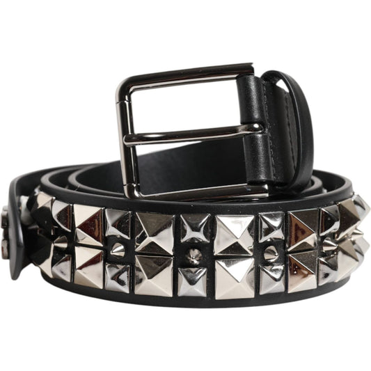 Dolce & Gabbana Black Calf Leather Studded Silver Buckle Belt