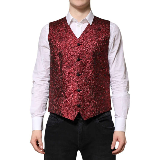 Dolce & Gabbana Red Floral Brocade Formal Men Waistcoat Vest TSH90467-50