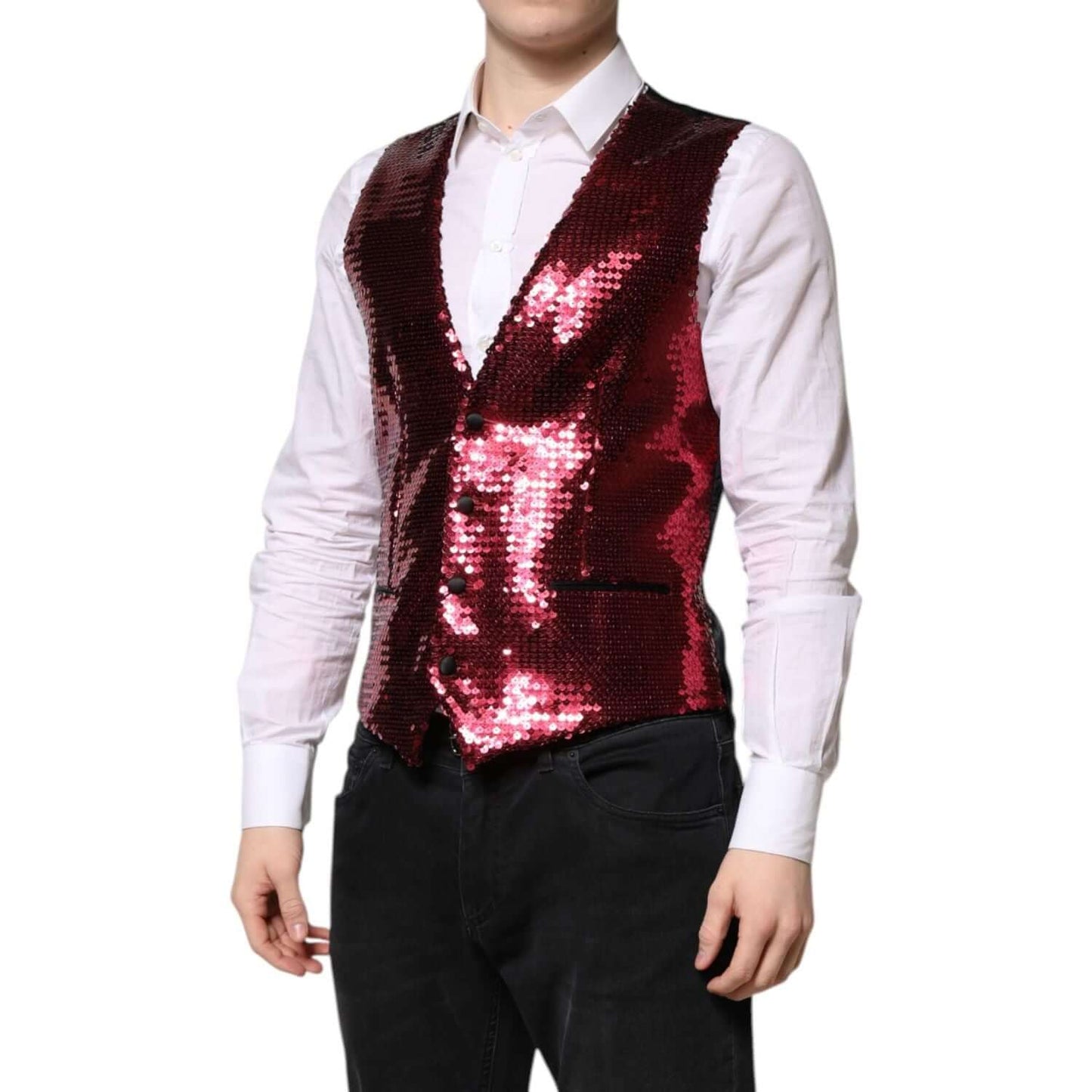 Dolce & Gabbana Red Sequined Dress Formal Men Waistcoat Vest TSH90469-50