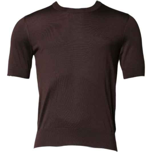 Dolce & Gabbana Brown Silk Logo Embroidery Crew Neck T-shirt
