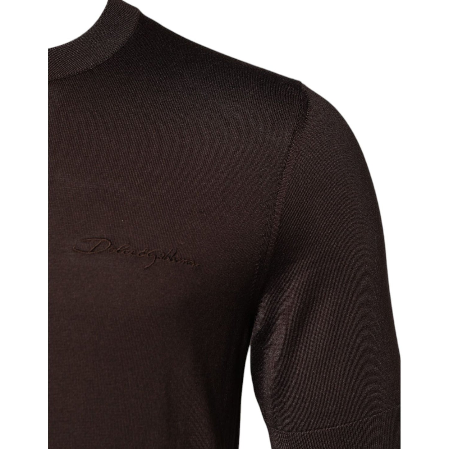 Dolce & Gabbana Brown Silk Logo Embroidery Crew Neck T-shirt