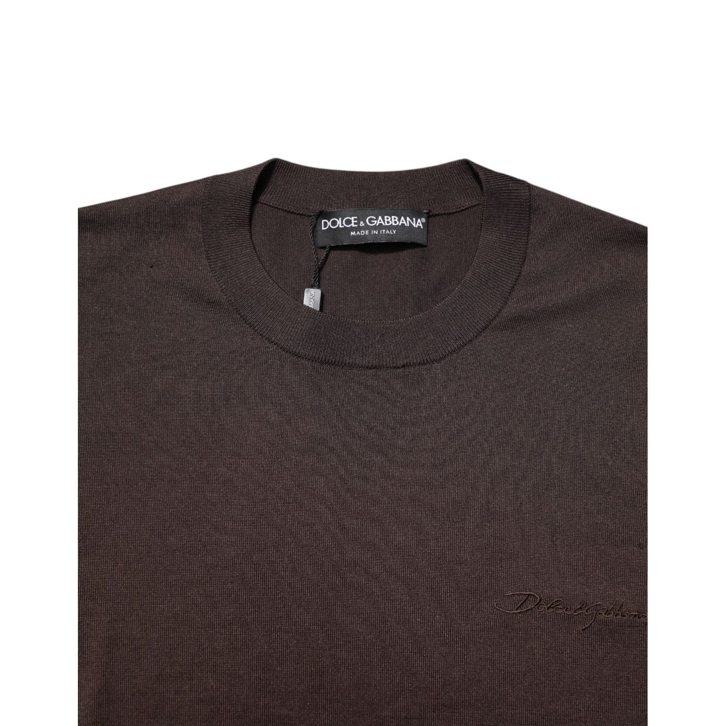 Dolce & Gabbana Brown Silk Logo Embroidery Crew Neck T-shirt