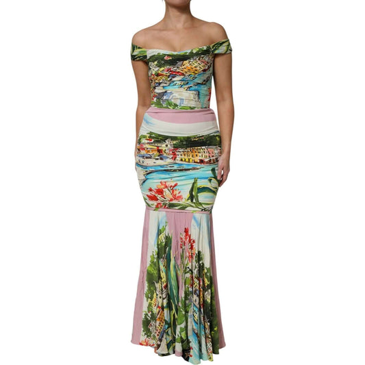 Dolce & Gabbana Multicolor Off Shoulder Long Sheath Dress