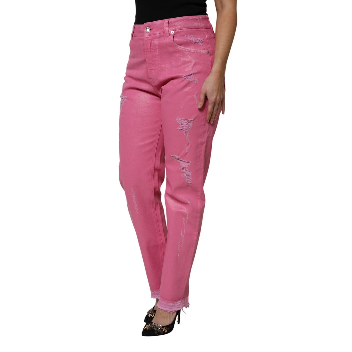 Dolce & Gabbana Pink Tattered Mid Waist Tapered Denim Jeans