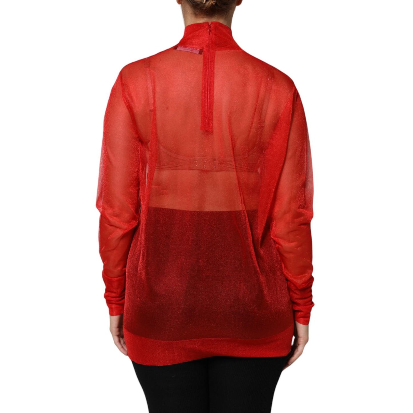 Dolce & Gabbana Red Tulle Turtleneck Long Sleeve Blouse Top