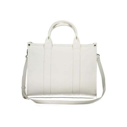 Mario Valentino White Polyethylene Handbag with handles, removable straps, internal pockets, zip closure, and logo, made from recycled materials.