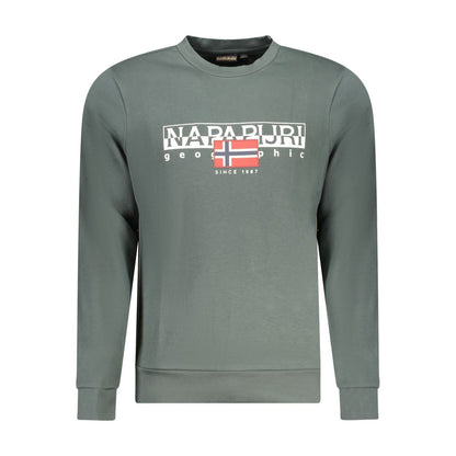 Napapijri Green Cotton Men Sweater with logo and bold branding, crew neck, long sleeves, regular fit, polyester blend.