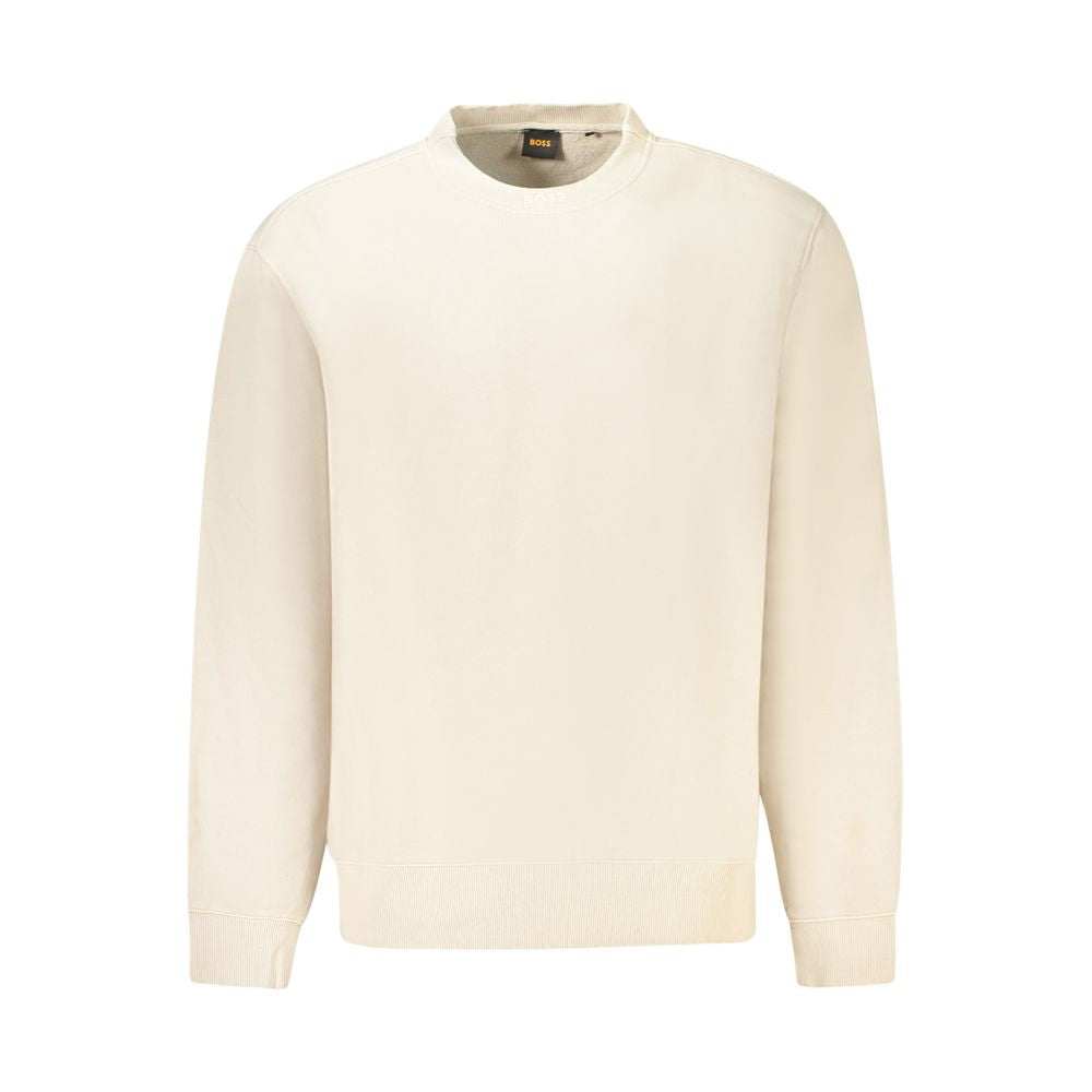 Hugo Boss Beige Cotton Men Sweater featuring signature embroidery and relaxed silhouette for refined fashion and casual comfort.