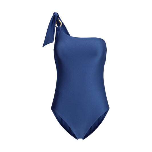 Zimmermann Ascension one-piece Swimsuit with one-shoulder design, knotted strap, and gold detailing in glossy blue lycra.