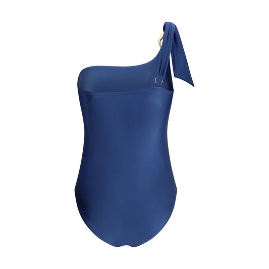 Zimmermann Ascension one-piece Swimsuit with one-shoulder design and gold detailing, featuring adjustable knotted strap.