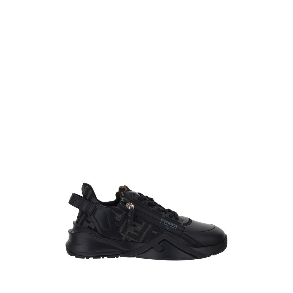 Fendi Flow Running Sneakers in black with structured sole and logo detail, featuring lace-up closure and geometric eyelets for sporty style.